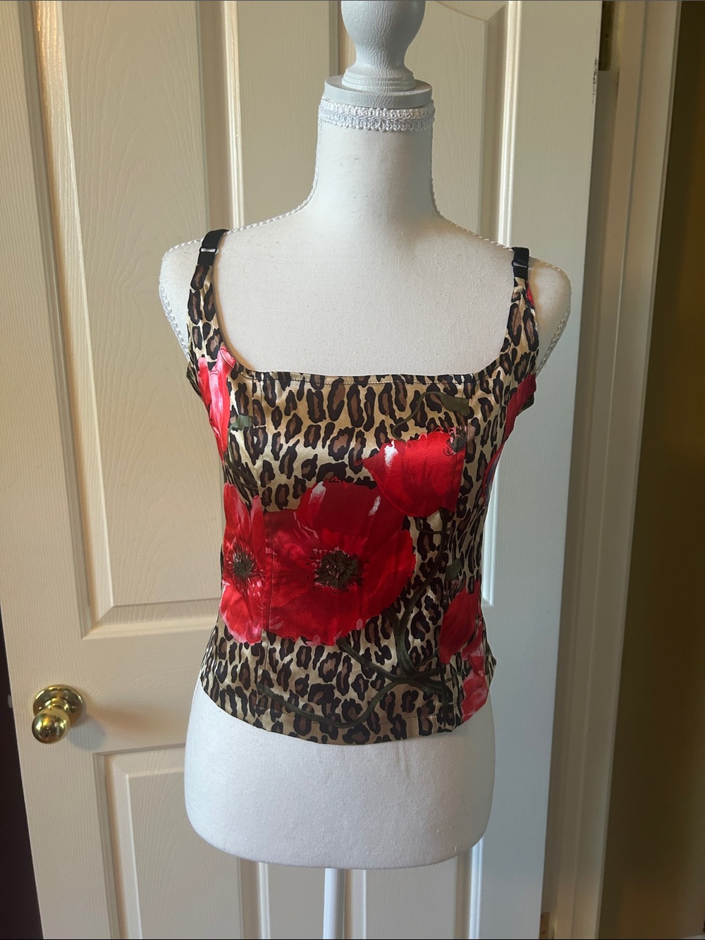 Red Floral Leopard Silk Camisole Top